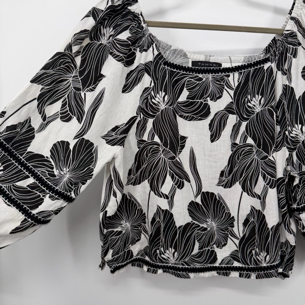 Tahari 100% Linen Black and White Floral Top - Picture 3 of 7